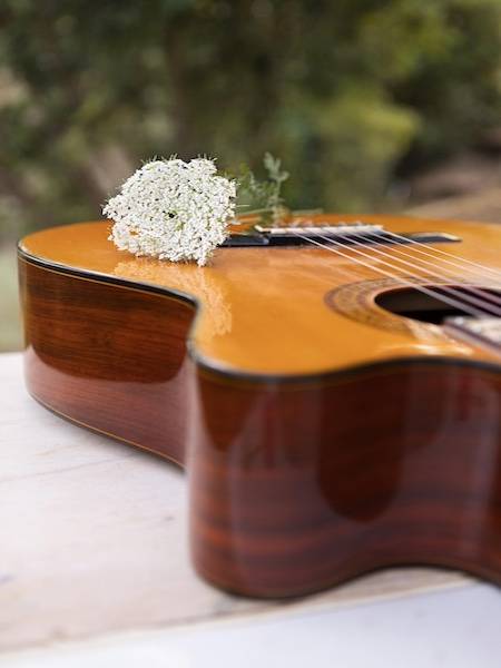 guitare et fleur blanche pour concert souvenir